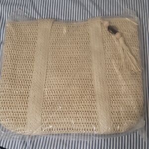 Woven Straw Tote Bag with Tassel - Cream